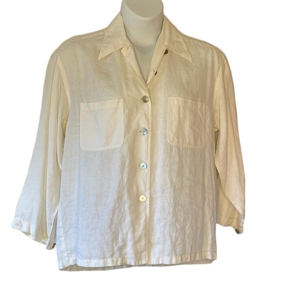 ISDA and Co Linen Shirt Women's Button Down Ivory Color Mother of Pearl Buttons - Picture 2 of 8